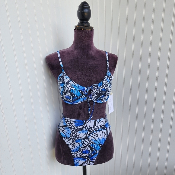 NWT Toluca Swim 2 Pc Angelica Blue Butterfly Bikini Top Bottoms High Waist Sz S - Picture 1 of 16